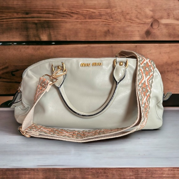 MIU MIU TWO WAY bowler satchel leather bag in bone color *custom* good cond 075H - Picture 7 of 11